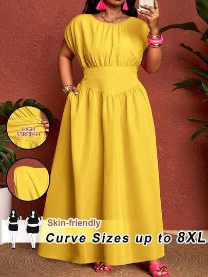 SHEIN CURVE+ Curve Size US22Music Festival, Seaside Vacation, Bohemia Women's 202 Spring/Summer New Style Women's Elegant Commuting/Beach Vacation/Date/Party/Music Festival Combination Clean Color Magenta Round Neck Sleeveless Waist Cut Splicing Sharp Angle A Swing Pleated Long Dress