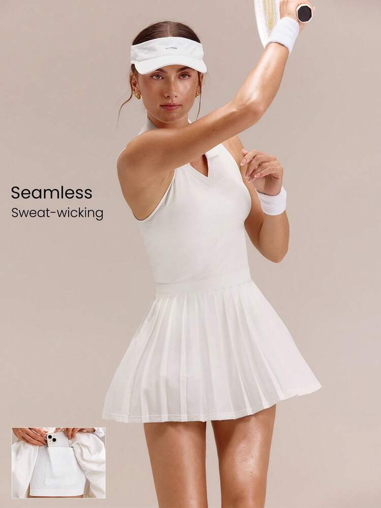 Ultrafine Soft Seamless Net Worthy Pleated High-Neck Sleeveless Tennis Dress & Shorts Set Golf Pickleball Daily Casual Summer Wear