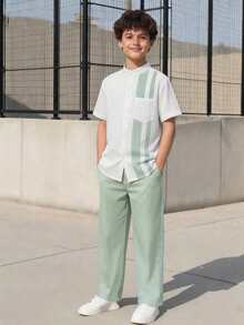 Vacaura Bộ 2 món đồ chơi bé trai: áo sơ mi kẻ sọc và quần ống rộng thời trang tối giản, phù hợp mặc hàng ngày, đi học, chơi biển. - Nhiều màu - Xem 1