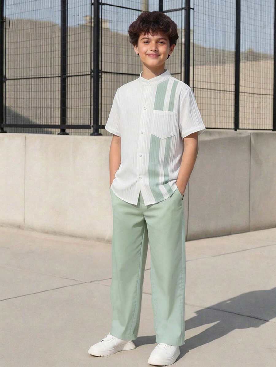 Vacaura Bộ 2 món đồ chơi bé trai: áo sơ mi kẻ sọc và quần ống rộng thời trang tối giản, phù hợp mặc hàng ngày, đi học, chơi biển. - Nhiều màu - Xem 1