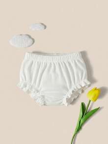 SHEIN Newborn Baby Casual Solid Color Ribbed Knit Elastic Waist Ruffle Hem Romper Shorts - White - View 2