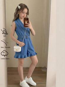 SHEIN Tween Girls Y2K Summer Fashionable V Neck Cute Jumpsuits Ruffle Hem With Belt Waist, Women's Elegant Flowing Jumpsuits,Summer Boho Beach Concert Rave Festival, Summer Cute Shorts, Summer Holidays,Spring,Beach, Vacation Casual Girl, Valentine's Day,Suitable For Spring And Summer,Season Vintage/Beach/Sea/Elegant Graduation,Casual's Jumpsuit,Summer Holiday,Spring,Beach - Light Wash - View 2