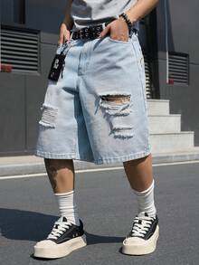 Manfinity EMRG Pantalones cortos de mezclilla azul desgastados con estampado, estilo casual de calle para hombres - Lavado ligero - Ver 4