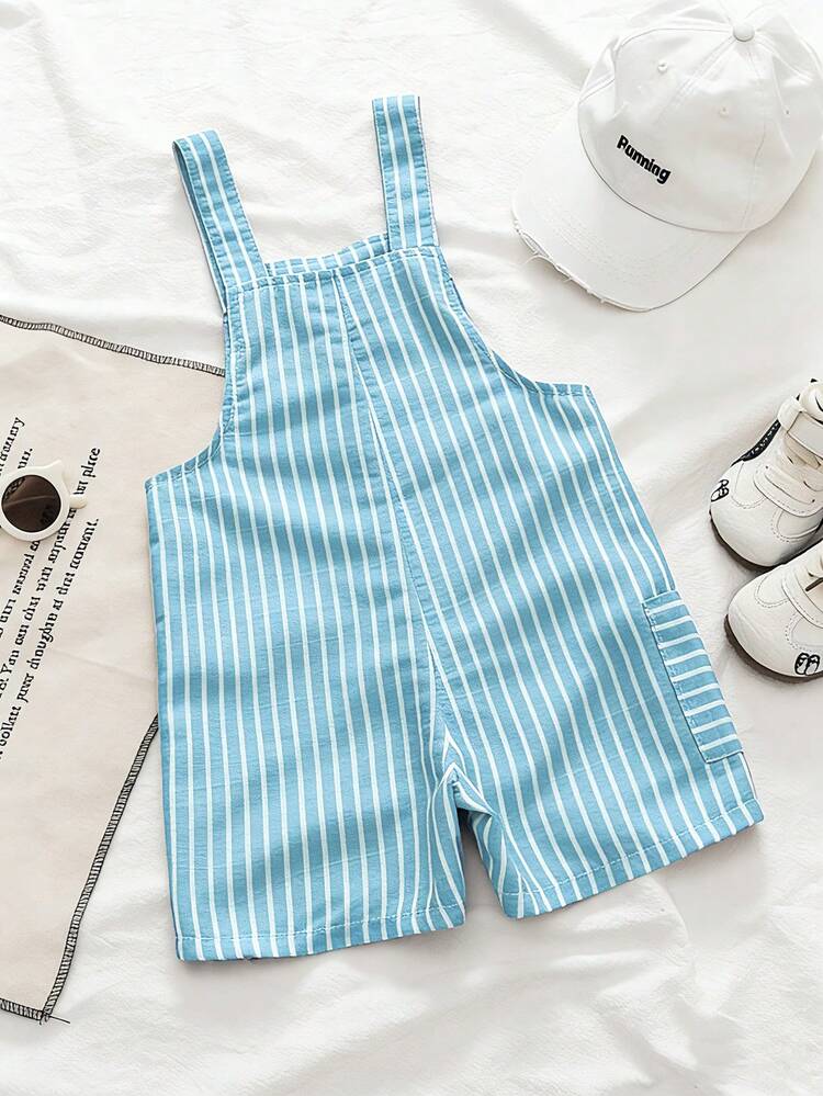 SHEIN Genkimix Kids Quần yếm kẻ sọc phong cách retro tối giản thoải mái đa năng cho bé trai, thích hợp cho mùa hè. - Màu xanh lam - Xem 2