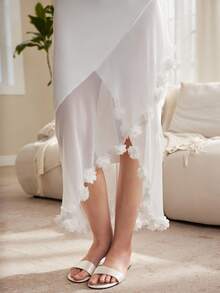 Moireta Elegant Charm Floral Decor Slit Hem Design Solid Color Wedding Long Ladies Nightgown Es For Women Dresses White Dress Flowy - White - View 5