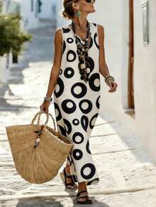 SHEIN Holidaya Đầm nữ không tay cổ chữ V dáng xòe in họa tiết retro, thoải mái khi mặc, phù hợp cho kỳ nghỉ, hẹn hò, các dịp trang trọng và thường ngày; dáng rộng, thích hợp tạo nên trang phục công sở thanh lịch, thời trang và thường ngày; đầm Kaftan, phù hợp cho nữ; đầm hè phong cách Bohemian; đầm đi nghỉ mát cho nữ; đầm phong cách Địa Trung Hải - Nhiều màu - Xem 6