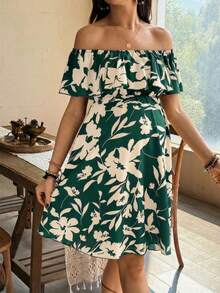 SHEIN 孕妇碎花荷叶边露肩休闲度假连衣裙 - 墨綠色 - 查看 5