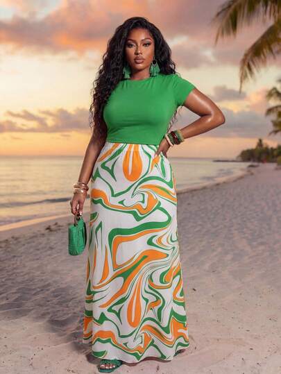 Slaydiva Bộ 2 món dành cho nữ cỡ lớn, gồm áo thun ngắn tay màu xanh lá cây trơn và chân váy ôm dáng in họa tiết sóng biển cổ điển, chất liệu vải dệt kim co giãn, thích hợp cho kỳ nghỉ, dạo phố, đi biển, đốt lửa trại, tắm nắng, khách sạn, du thuyền, dã ngoại, kỳ nghỉ lãng mạn, kỳ nghỉ đầy màu sắc, kỳ nghỉ, kỳ nghỉ thanh lịch.