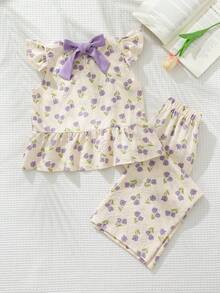 Cozy Pixies Conjunto de top de manga abullonada con lazo de color contrastante y estampado floral y pantalones anchos estampados para niña - Multicolor - Ver 3
