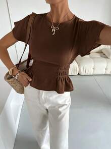 Siren Gaze 女士休闲度假通勤纯色荷叶袖荷叶边上衣，女士度假套装，女士夏季服装，女士松紧腰衬衫，女士最新款上衣，女士休闲套装，优雅 - 咖啡棕 - 查看 2