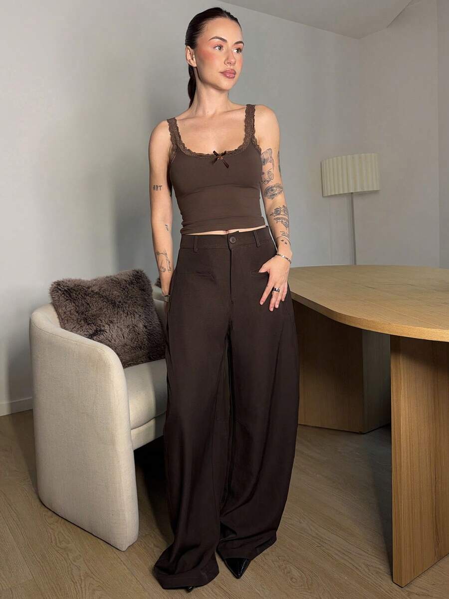 Abrilcols Women's Summer Lace Patchwork Bow Decor Slim Fit Camisole, Casual Sexy Top - Coffee Brown - View 1