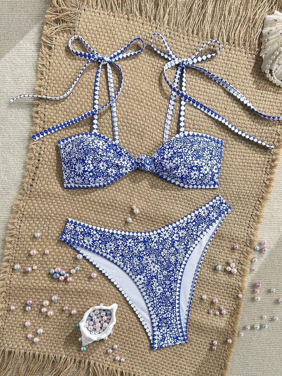 Swim Mod Bộ bikini nữ mùa hè 2026 mới, kiểu dáng dễ thương, thích hợp cho kỳ nghỉ hè, phong cách influencer, màu xanh dương, dây mảnh buộc vai, thắt nút phía trước và bắt chéo phía sau, họa tiết hoa và kẻ caro, cạp cao. - Màu xanh lam - Xem 1