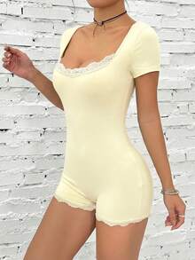 SHEIN EZwear 女士蕾丝拼接休闲日常连体衣 - 淡黃色 - 查看 4