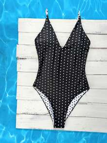 Swim Mod 2026 Spring/Summer Yellow Base Brown Polka Dot + Brown Yellow Striped Reversible Adjustable Spaghetti Strap One-Piece Swimsuit - Black and White - View 2