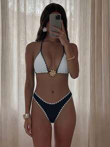 Swim Chiccia Summer Beach Golf Vacation White Contrast Floral Halter Triangle Top Regular Floral Bikini Bottom Swimwear Set Sexy - Black and White - View 2