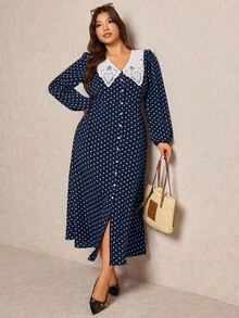 Elaquor Vestido Elegante com Estampa de Bolinhas Dividido, Plus Size, Primavera/Outono - Azul Marinho - Visão 4