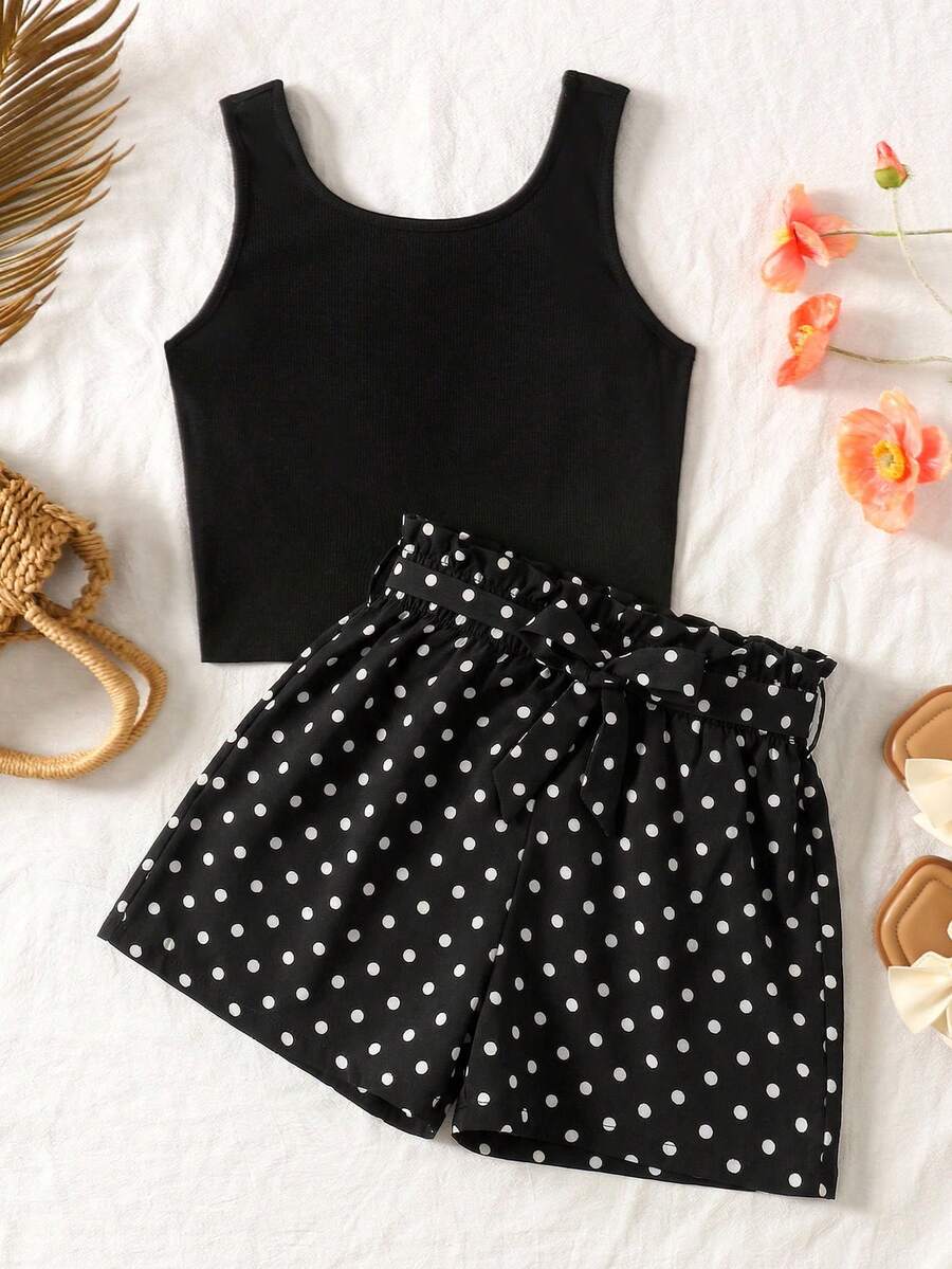 Bộ đồ 2 món cho bé gái tuổi teen: Áo tank top đen và quần short cạp chun họa tiết da báo. - Nhiều màu - Xem 1