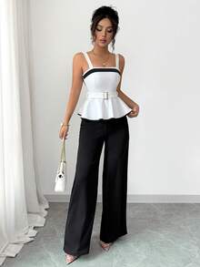 Selianne 2pcs Women's Contrast Color Camisole Top And Wide Leg Pants Set, Fitted Waist Attractive Women's Tank Top - Black and White - View 3