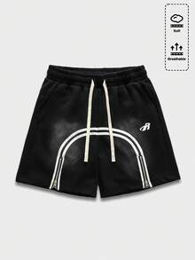 ROMWE MEN 男士撞色条纹印花抽绳腰带街头短裤 - 黑色 - 查看 1