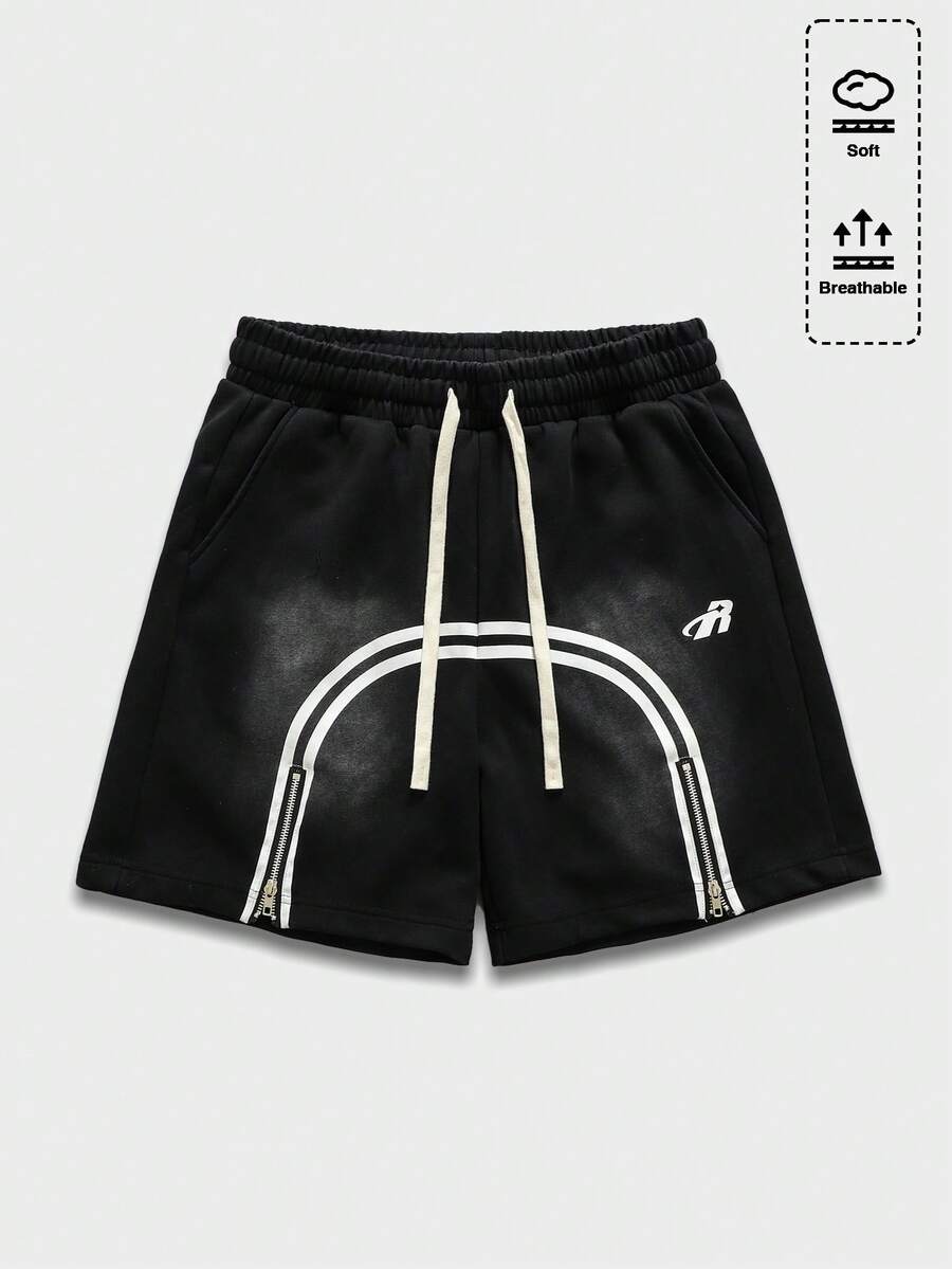 ROMWE MEN 男士撞色条纹印花抽绳腰带街头短裤 - 黑色 - 查看 1