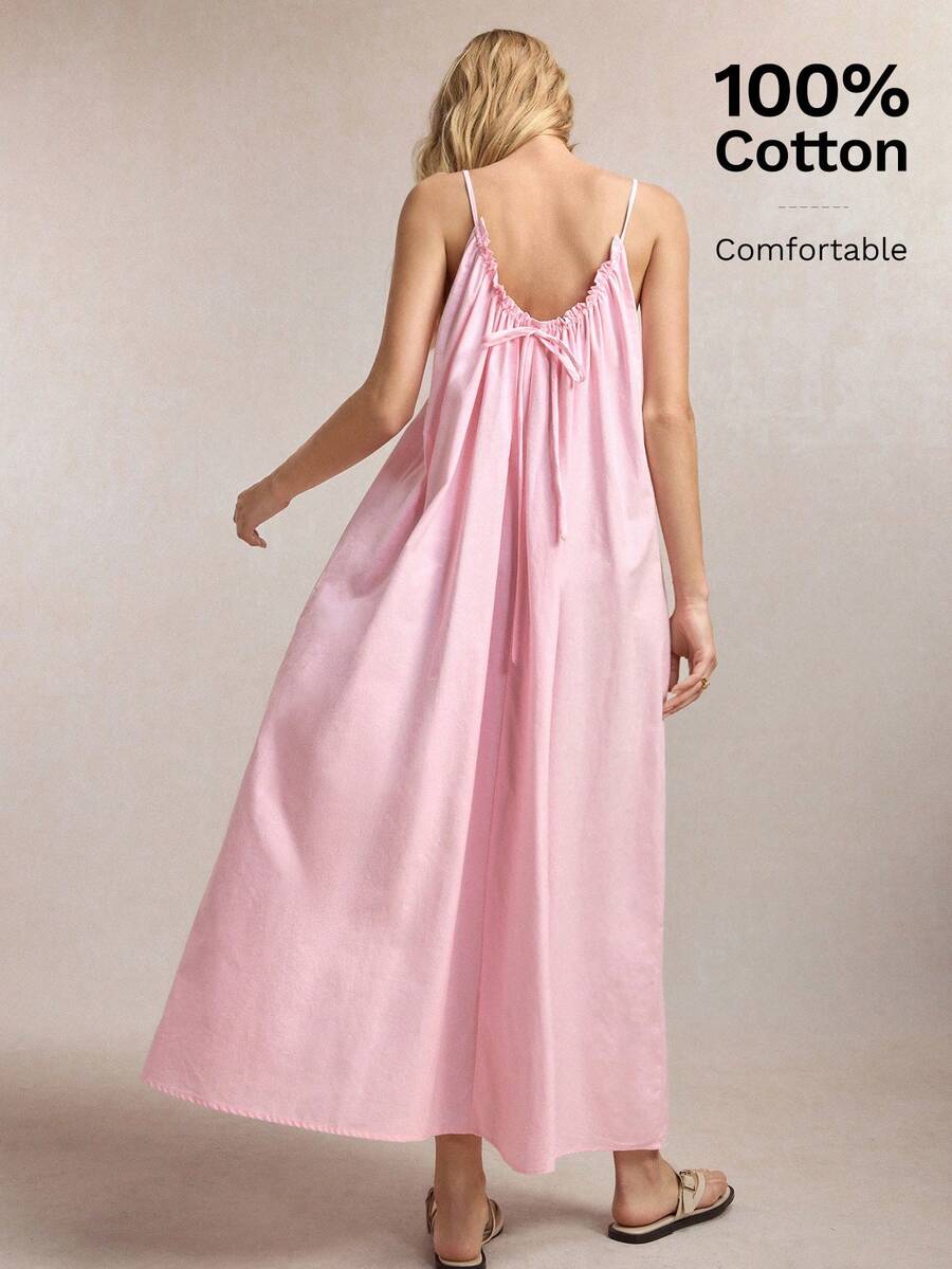 BizChic Rochie de vară roz, nouă, cu decolteu în U, cu volane, reglabilă, cu bretele spaghete, cu nod în spate, plisată, versatilă pentru birou, formală, casual, romantică, Y2K, retro anii '90, petrecere, nuntă, domnișoară de onoare, gazdă, ținută zilnică - Roz - Vizualizare 1