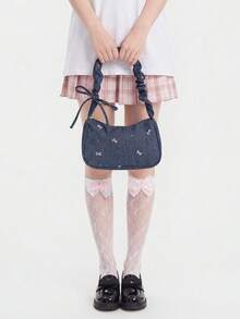 ROMWE Kawaii 1 件牛仔布光滑拉链蝴蝶结印花休闲时尚独特单肩包，适合女性日常使用 - 藍色 - 查看 3