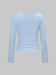 ROMWE J-Fashion 可爱小鹿刺绣蕾丝上衣搭配小鹿印花喇叭裤，秋冬装扮 - 藍色 - 查看 5