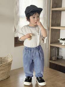 SHEIN Baby Boys Casual Soft Retro Vintage Washed Baggy Blue Denim Tapered Pants,For Baby Spring Summer Clothes Daily Wear Outfits - Medium Wash - View 6