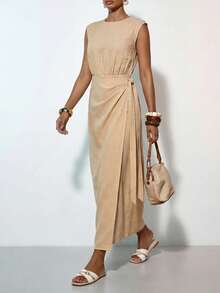 Zivah 春夏新款音乐节、复活节、圣帕特里克节、情人节、约会、西部风、游牧风、生日派对、毕业典礼、学院风、学生装、日常穿着、百搭基础款、休闲装、度假、邮轮旅行、海滩、日光浴、爆款、街头风、婚礼宾客、通勤、早午餐、机场、派对、假日郊游、办公室穿着 无袖圆领系腰木纽扣装饰长款裹身亚麻棕色连衣裙 - 棕色 - 查看 6