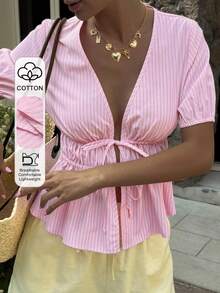 Livesso Countryside Style Holiday Easter Party Summer Vacation Pink Striped Petal Sleeve Tie Waist Women Blouse - Pink - View 1
