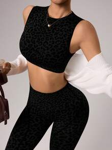 Dewbera Bộ đồ thể thao gồm áo ngực và quần legging không đường may, họa tiết da báo, ôm sát, dành cho nữ, dùng để tập luyện yoga, khiêu vũ, gồm áo ngực và quần legging. - màu đen - Xem 4