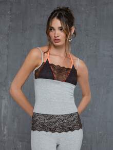 COUREZ Débardeur en dentelle et jersey / Vêtements d'été Y2K pour femmes, hauts gris sans manches, tenues de sortie, tenues de festivals de musique, tenues de concert, hauts d'été, tenues d'été pour femmes, tenues de printemps pour femmes - Multicolore - Voir 1
