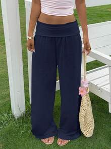 SHEIN EZwear 2026年夏季女士休闲藏蓝色低腰阔腿裤 - 藏蓝色 - 查看 4