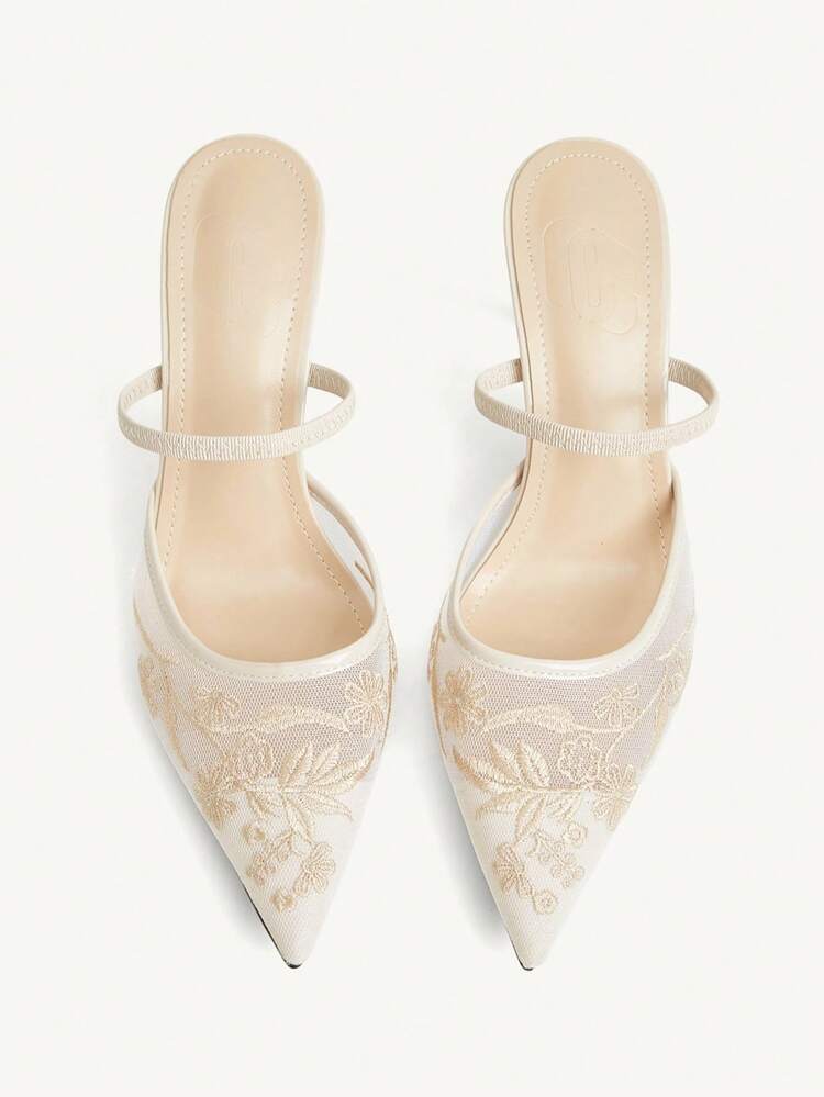 CUCCOO CHICEST Women's Beige Lace Mesh Embroidery Pointed-Toe Stiletto Heels - Bridal Wedding Guest Elegant Formal Pumps