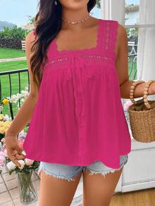 Flirla Áo kiểu không tay màu trơn viền ren, cỡ lớn, phong cách thường ngày. - Hồng - Xem 6
