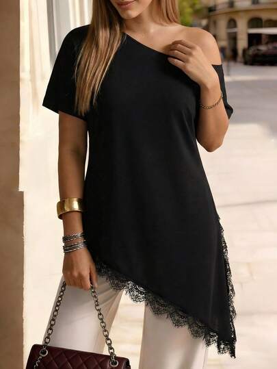 Elegantrix 大码女式休闲蕾丝边不对称下摆短袖T恤，法式风格，适合日常通勤和外出穿着，春夏款