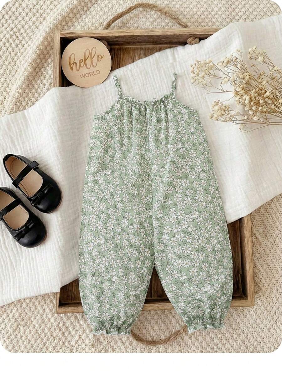 SHEIN Bộ áo liền quần dễ thương cho bé gái sơ sinh, thích hợp mặc đi nghỉ mát. - màu xanh lá - Xem 1