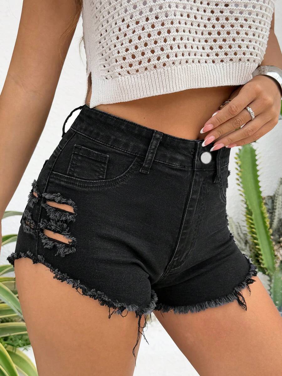 Rivivi 女士休闲时尚做旧毛边牛仔短裤，夏季 - 黑色 - 查看 1