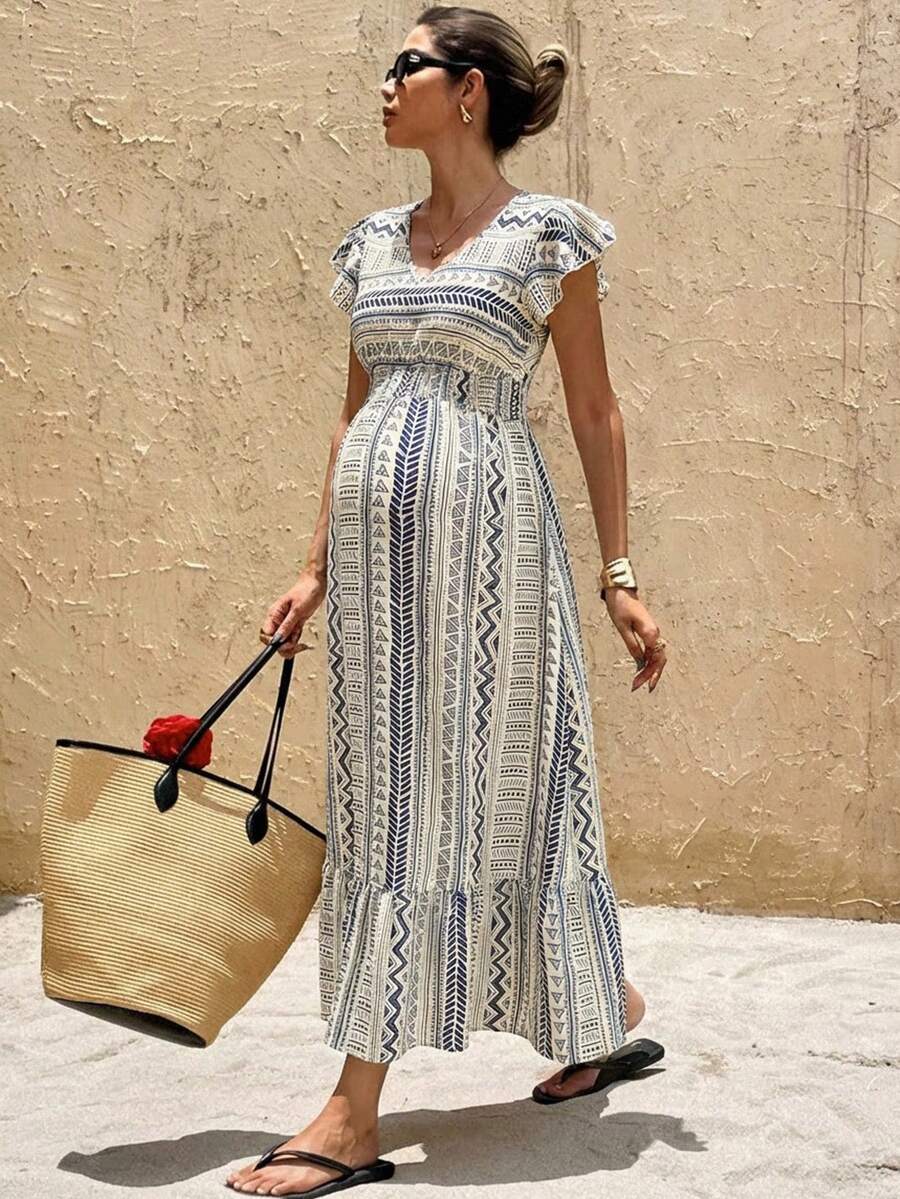 SHEIN Vestido casual de maternidad con estampado geométrico y volantes en el bajo - Marrón - Ver 1