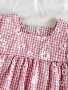 SHEIN Vintaside Kids 女童夏季黄色格子雏菊印花短袖迷你连衣裙，田园风格，清新图案，轻盈廓形，适合户外、休闲和派对穿着 - 彩色 - 查看 5