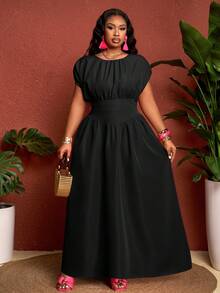 SHEIN CURVE+ Curve 尺码 US22 音乐节、海滨度假、波西米亚风女装 202 春夏新款优雅通勤/海滩度假/约会/派对/音乐节组合连衣裙，清新洋红色，圆领无袖，腰部拼接利落A字摆褶裥长裙 - 黑色 - 查看 6