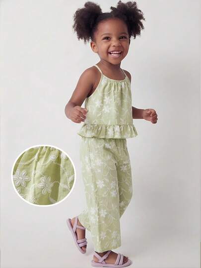 Maija Kids Bộ đồ 2 món cho bé gái, kiểu dáng thanh lịch, thoải mái, thích hợp đi nghỉ mát, gồm áo cổ yếm bèo nhún dáng rộng và quần ống đứng in họa tiết hoa, đa năng cho mặc hàng ngày, đi học, đi chơi, dự tiệc, phù hợp cho mùa xuân và mùa hè.