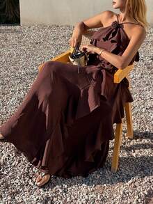 Livesso Elegant Brown Ruffled Floral Halter Midi Dress, Suitable For Summer Vacation & Party - Coffee Brown - View 5