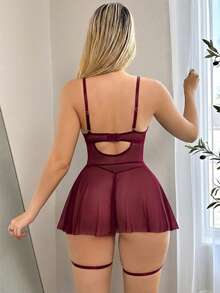 4pcs/Set Lace Contrast Mesh Sexy Nightgown For Women - Burgundy - View 2