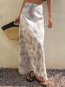 Livesso 女士时尚百搭扎染半身裙，适合夏季海滩度假 - 米色 - 查看 5