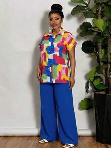 SHEIN CURVE+ Curve 尺码 US22 音乐节、海滨度假、波西米亚风两件套，AB 色印花衬衫和纯色裤子，度假 - 彩色 - 查看 4