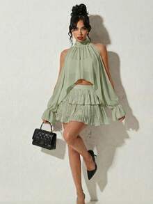 SHEIN Glamour French Elegant Chiffon Cover Up Layered Ruffle Skirt 2 Pieces Set, Loose Drop Shoulder Midriff Cutout Design To Flatter Shoulders Legs, Suitable For Casual, Daily, Commute, Hanging Out With Friends Party Sage Green Summmer - Green - View 6