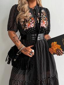 Whyspr Plus Size Polka Dot Embroidered Vacation Dress, Spring/Summer - Black - View 6