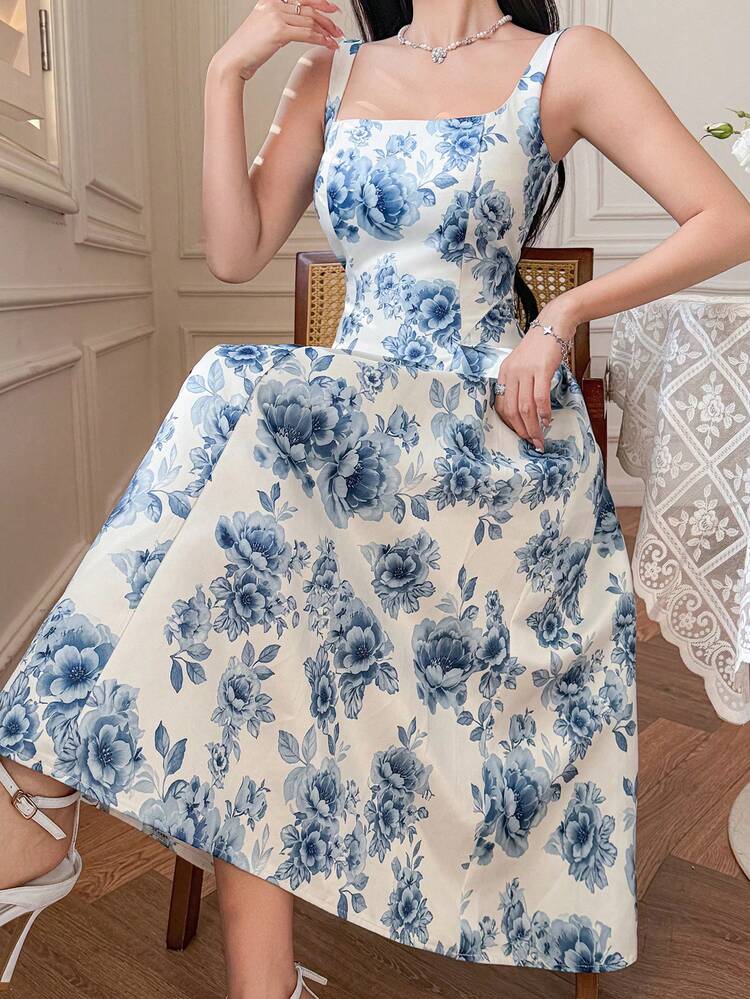 Women's Elegant Floral Print Sleeveless Square Neck Midi Dress, Summer,Wedding Guest Dress Women Sundress Boho
