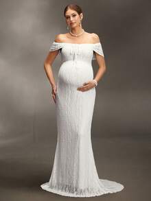 Cheriluna Maternity Đầm bầu trễ vai thanh lịch, chất liệu có họa tiết, thích hợp cho buổi chụp ảnh mùa hè. - Màu be - Xem 6